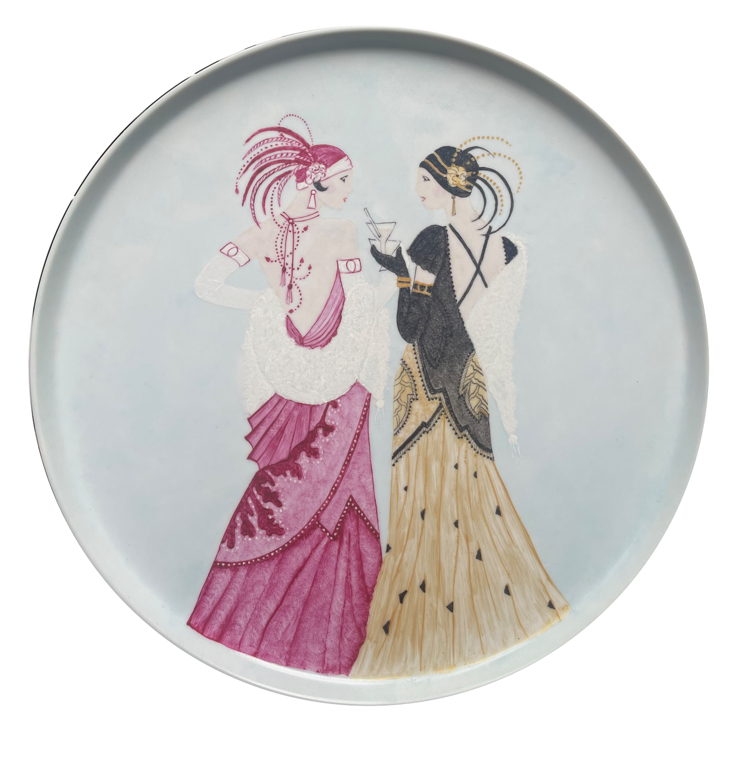 2 dames rose or plat a tarte en porcelaine